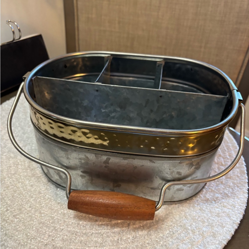 🟢SERVE-WARE: galvanized metal with brass trim flatware/napkin holder.